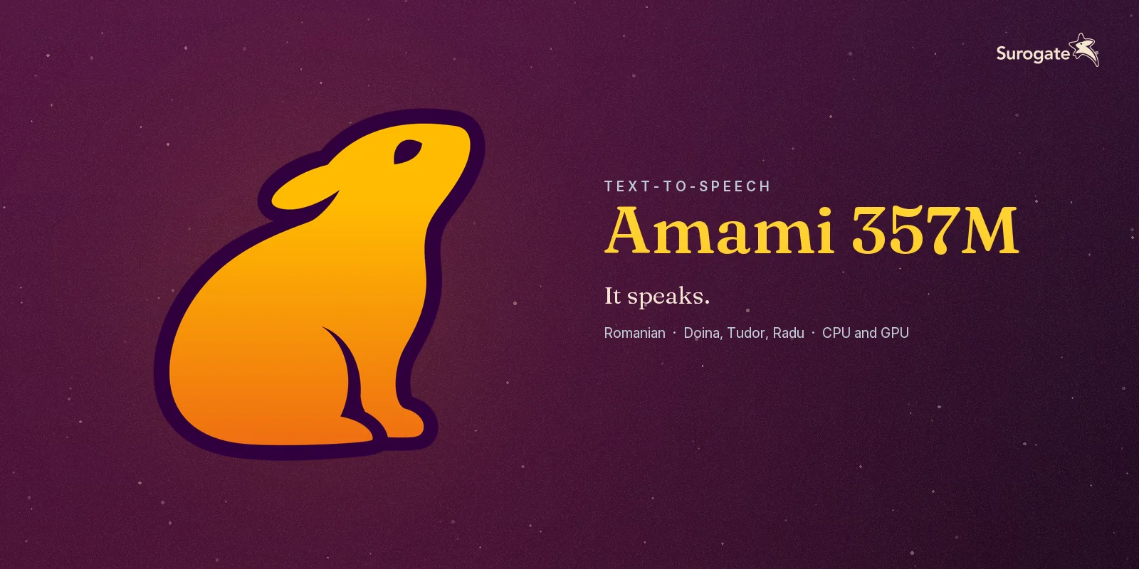 Amami 357M key art: an orange rabbit sitting up, on a purple ground. Text-to-speech, Romanian, voices Doina, Tudor and Radu, CPU and GPU.