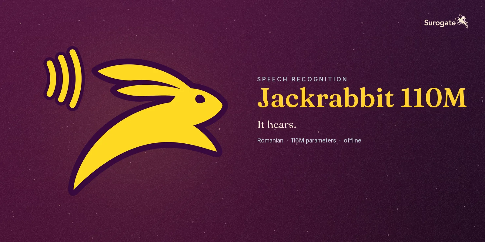 Jackrabbit 110M key art: a leaping yellow rabbit with sound waves at its ears, on a purple ground. Speech recognition, Romanian, 116M parameters, offline.
