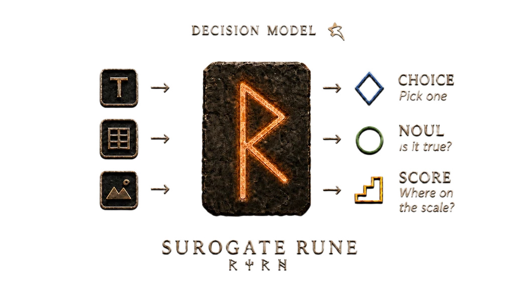 Surogate Rune: text, structured data and images on the left, feeding a rune-marked stone, with choice, noul and score coming out on the right.