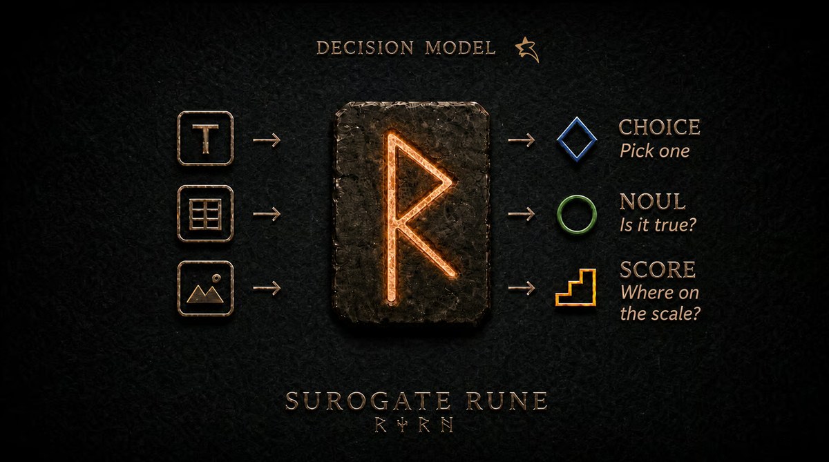 Surogate Rune: text, structured data and images on the left, feeding a rune-marked stone, with choice, noul and score coming out on the right.
